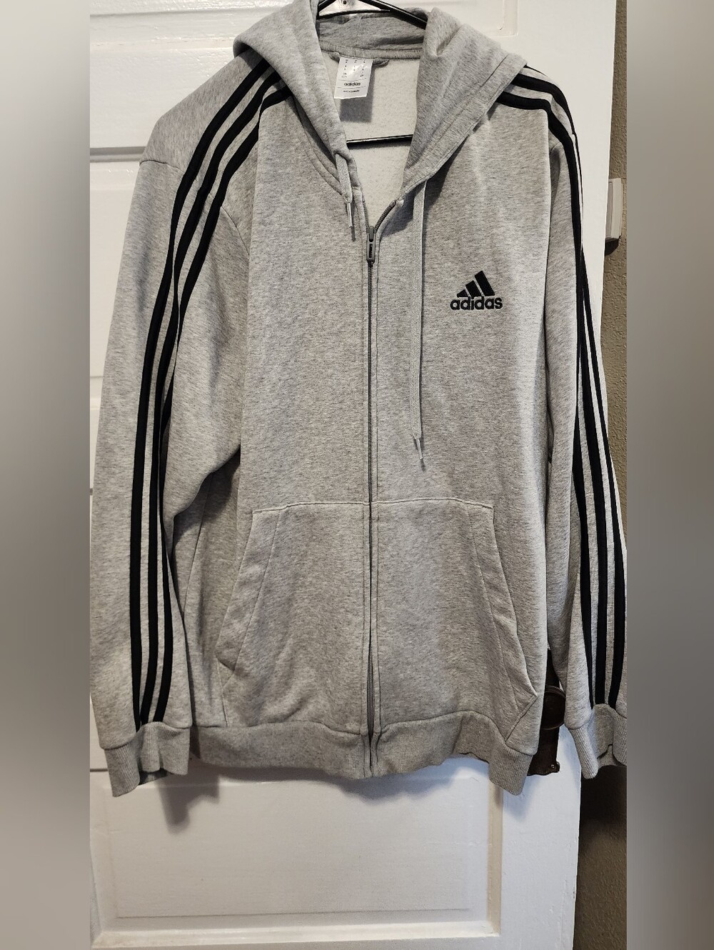 adidas Men’s Light Gray Zip-Up Hoodie with Black Stripes